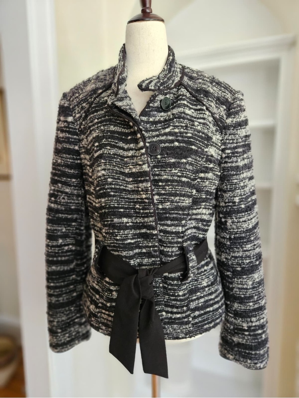 Willi Smith -L-  Black & White Textured Tie-Waist Blazer